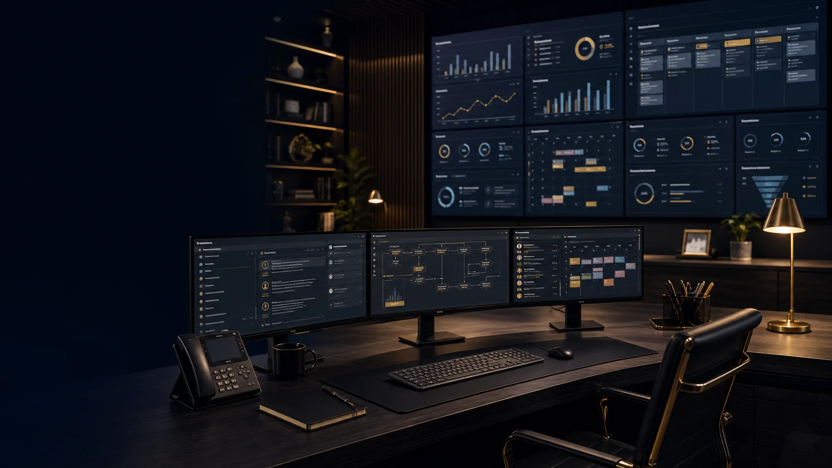 Generic business command platform with abstract dashboards, inboxes, calendars, and automation views.
