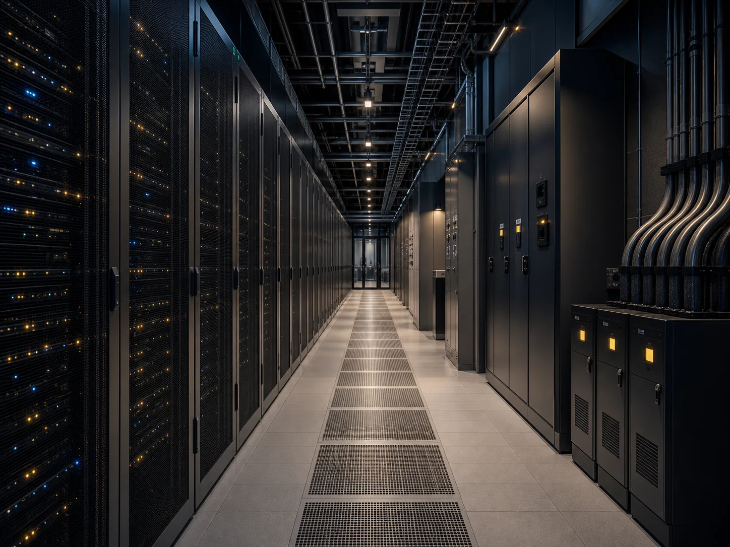 Generic data center corridor with server racks and critical infrastructure.