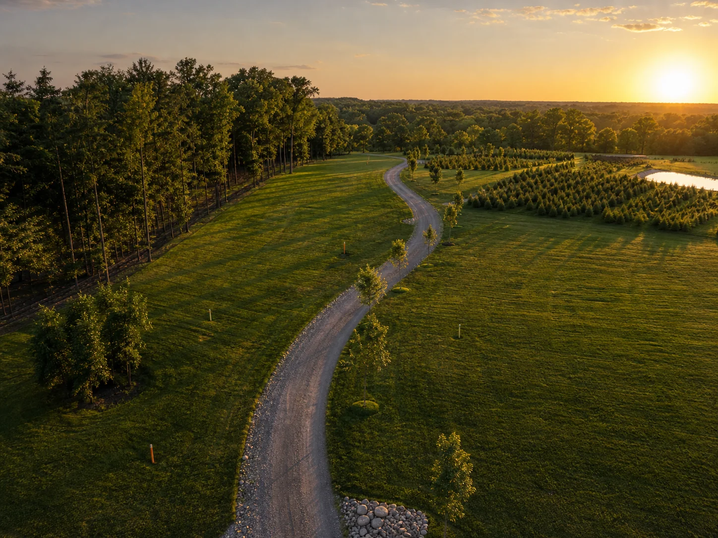 Generic maintained acreage with access road and orderly landscape work.