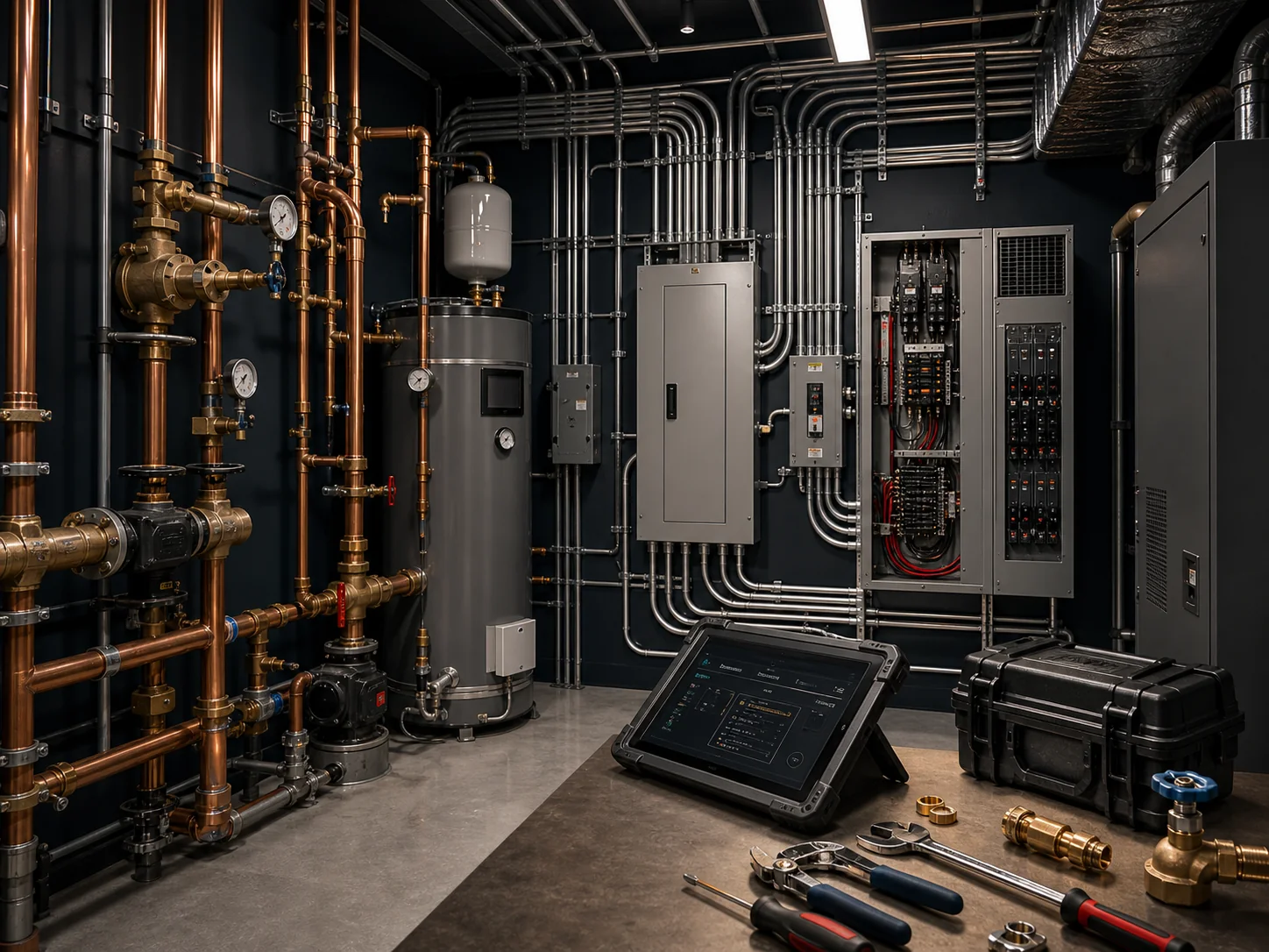 Generic plumbing and electrical mechanical room with organized tools and systems.